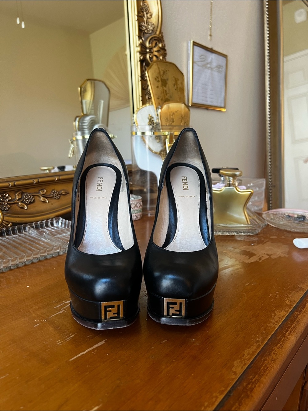 Fendi Black Leather Platform Pumps with Gold FF Plaque
